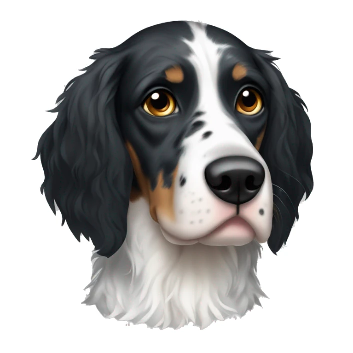 black and white English Setter face with asymmetrical black eye patches and no brown hair sticker