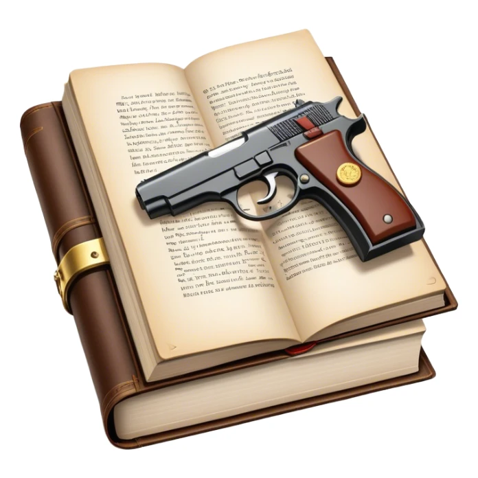 Humanless Icon for Action & Crime Reading: an open book with action-packed scenes, featuring a gun, handcuffs, a detective's badge. The icon should capture the tension and excitement of crime and action stories. Transparent background. sticker