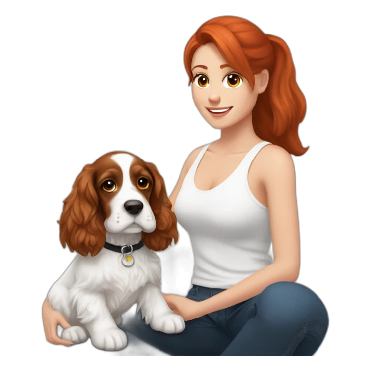 Red hair woman in white singlet sitting black white and brown english cocker spaniel on her lap sticker