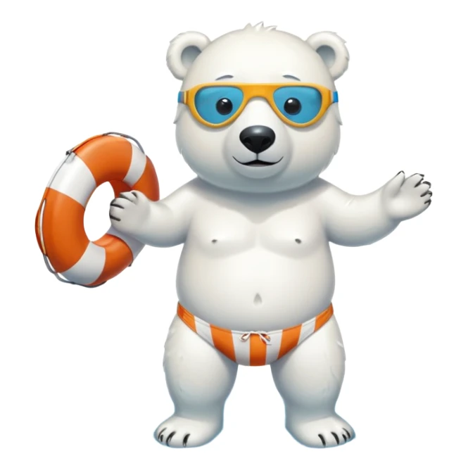 full body friendly anthropomorphised polar bear wearing striped swim shorts and swim goggles, standing in a puddle and holding a life buoy sticker