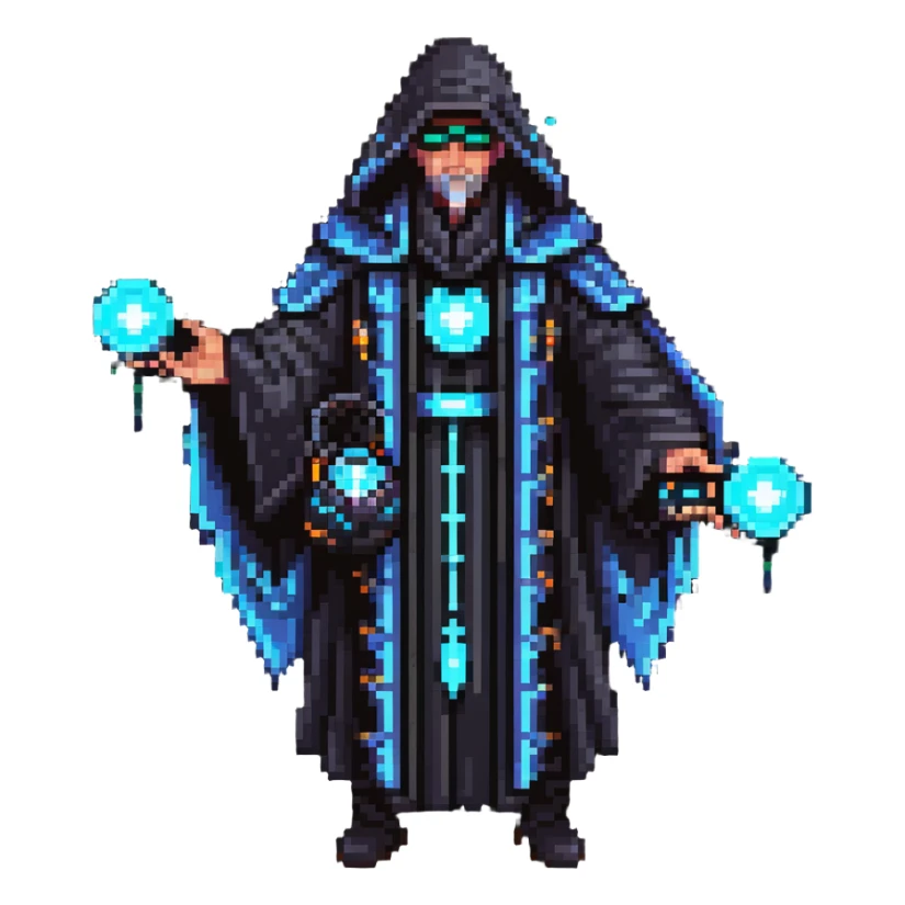 tech wizard wearing a futuristic robe with glowing gadgets sticker