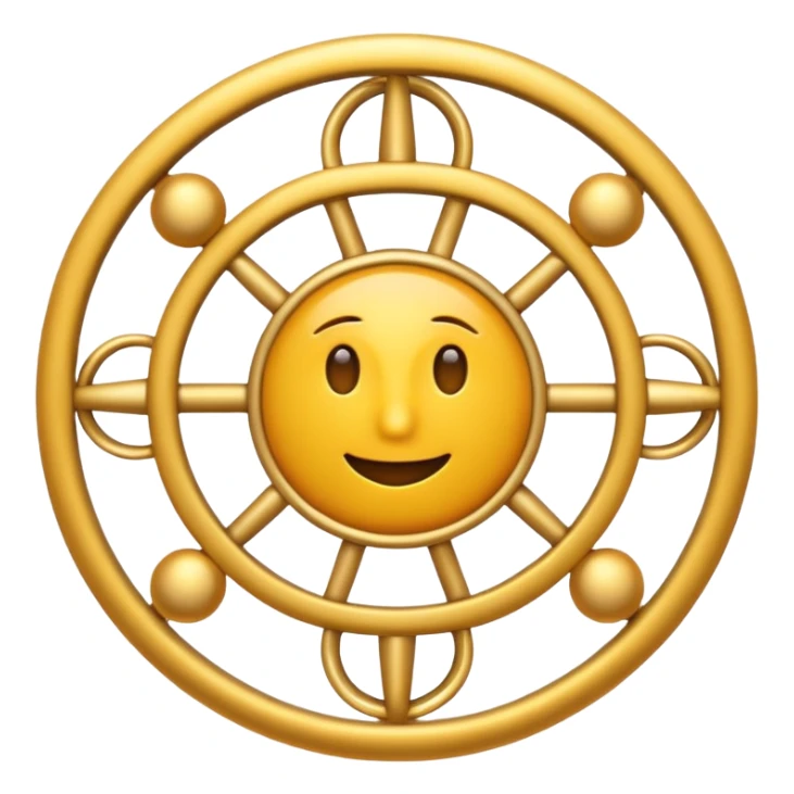 A mysterious, abstract emoji with a wheel shape covered in countless small eyes and intersecting golden rings, resembling a celestial mechanism, iOS emoji style sticker