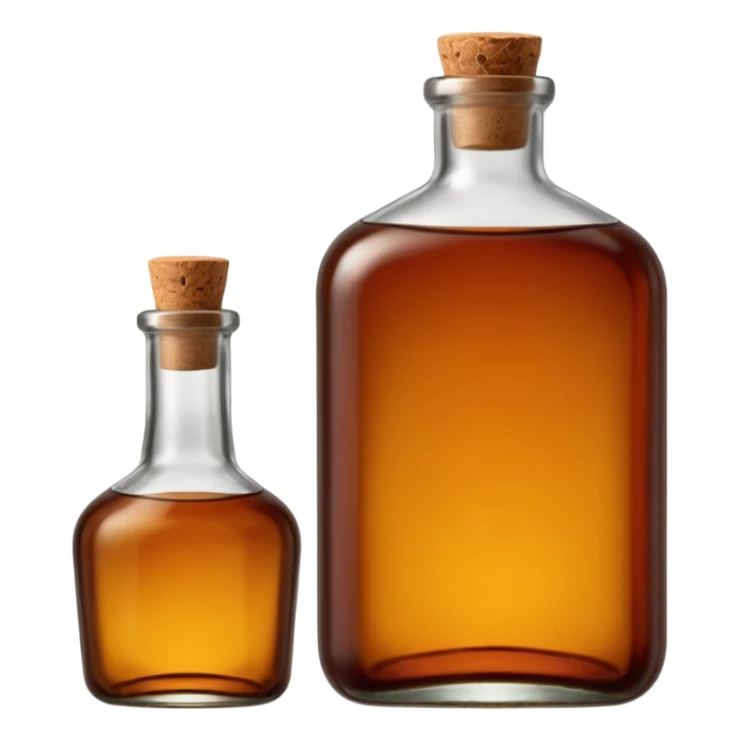 sturdy glass bottle with squared shoulders and a short neck, filled with rich amber-brown liquid, slightly tinted glass showing depth of color inside, capped with a cork or dark metal top, no label, sealed bottle, apple emoji style, soft lighting, subtle shadows, transparent background, emoji scale sticker