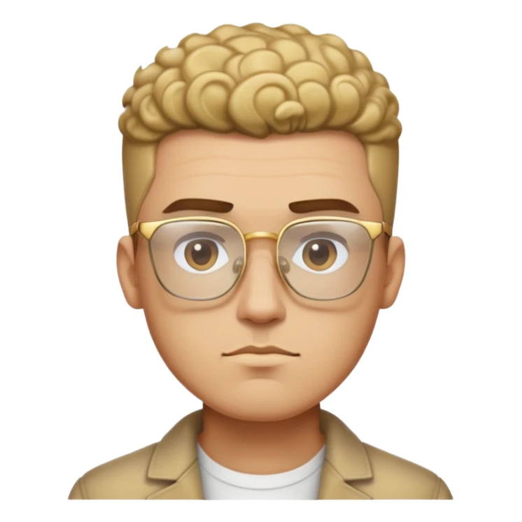Man with angular square face, thick straight eyebrows, short fade haircut with faded sides and curly top, light stubble, neutral serious expression, wearing large square gold glasses sticker