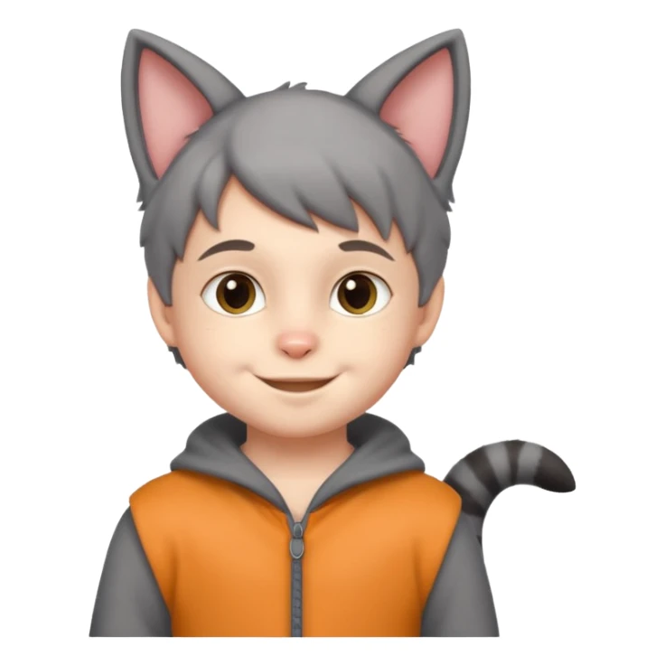 little kid Boy in gray cat suit with tail and ears sticker