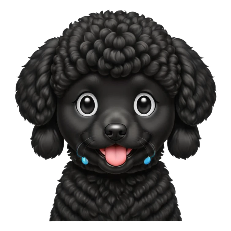 A high-resolution square-format digital illustration of a black poodle in a clean, emoji-inspired semi-realistic style. The poodle is shown from the chest up, facing forward with a slight tilt of the head to the left, tongue out playfully. sticker