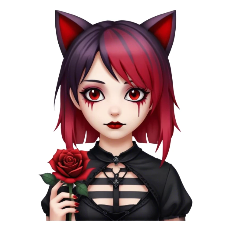 Bloody black rose anime gothic emo  beautiful gorgeous cool edgy cute lady with cat ears, gradient black-and-red-striped hair sticker