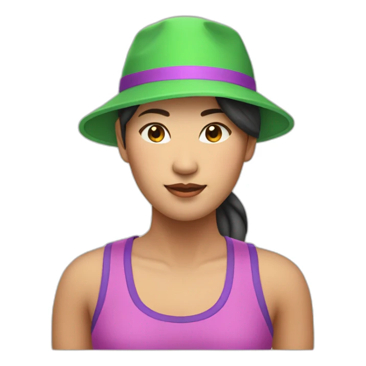 asian woman, green hat backwards, pink and purple singlet sticker