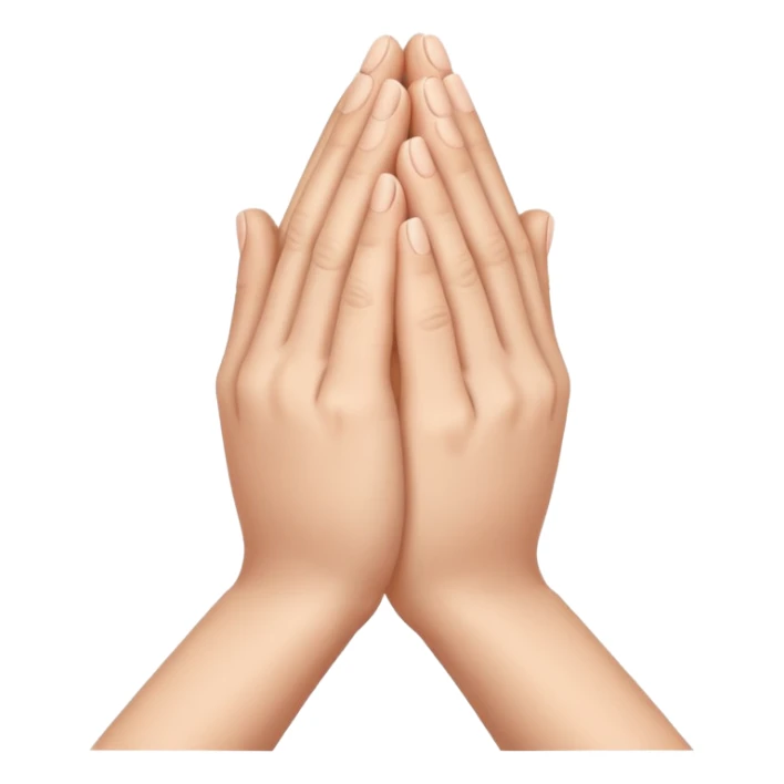 Create an Apple-style emoji of two hands pressed together in a praying gesture. The hands should be simplified, smooth, and cartoon-like, with soft gradients and glossy highlights typical of iOS emojis. Show only the hands, with no arms or background, isolated on a transparent background. sticker