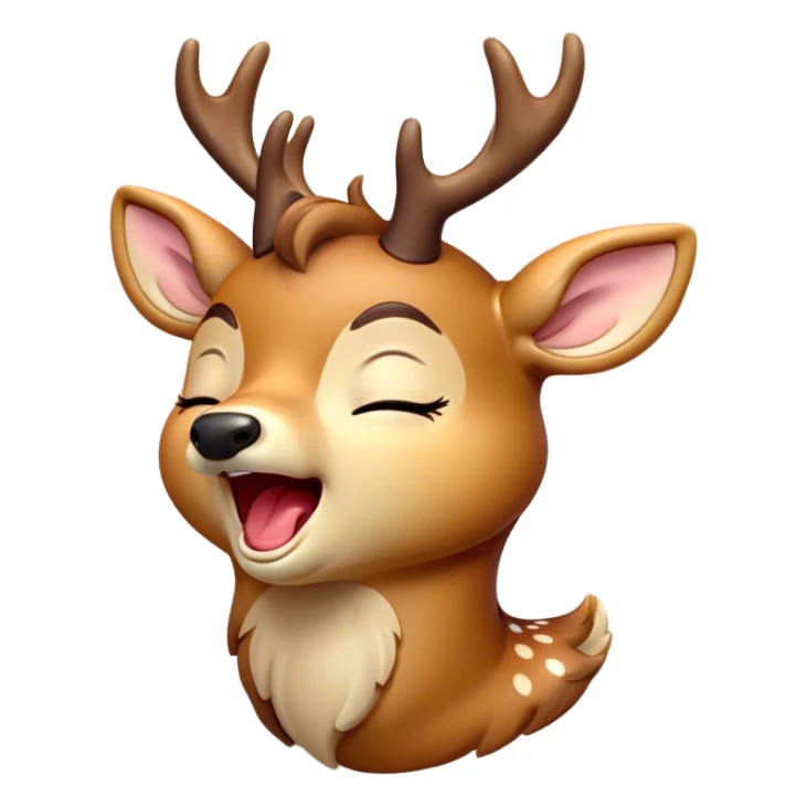 Cinematic Cute Yawning Deer Portrait Emoji, Head tilted slightly with a dramatic, wide-open yawn, revealing a soft, dappled coat and elegantly drooping ears, eyes barely open in drowsy contentment, Simplified yet irresistibly adorable features, highly detailed, glowing with a soft, cozy glow, high shine, relaxed yet expressive, stylized with a touch of natural whimsy, bright and endearing, soft glowing outline, capturing the essence of a sleepy yet affectionate deer, so drowsy it feels like it could stretch right out of the screen and curl up for a nap! sticker