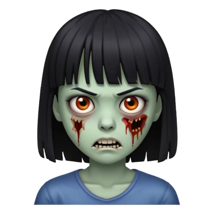 Zombie emoji Girl straight hair and bangs with a serious face and sharp teeth sticker