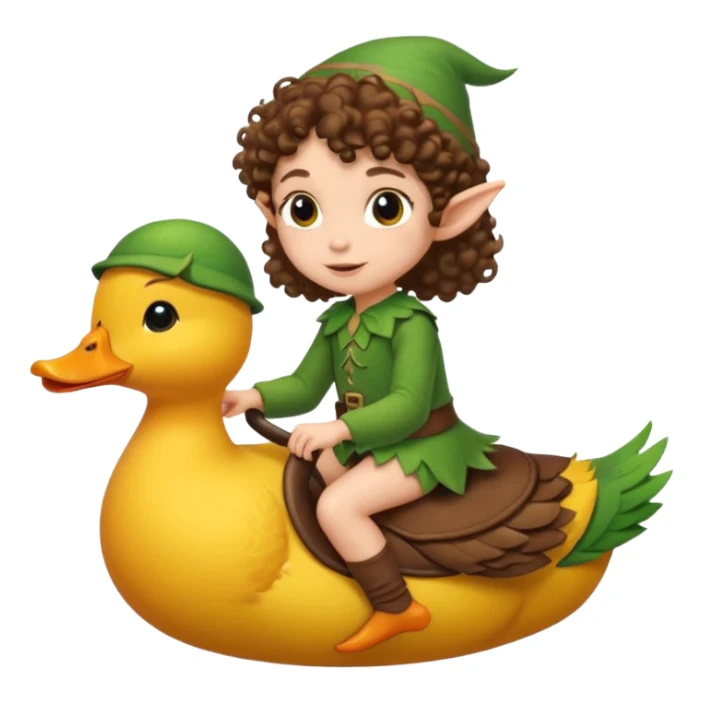tiny forest elf short tight curly brown hair riding duck sticker