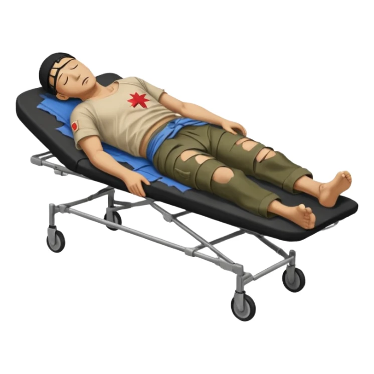 wounded man of oriental appearance, dressed in torn clothes, full length, with closed eyes, head lying on stretcher, in prone position, with injuries on black military stretcher, 1980 sticker