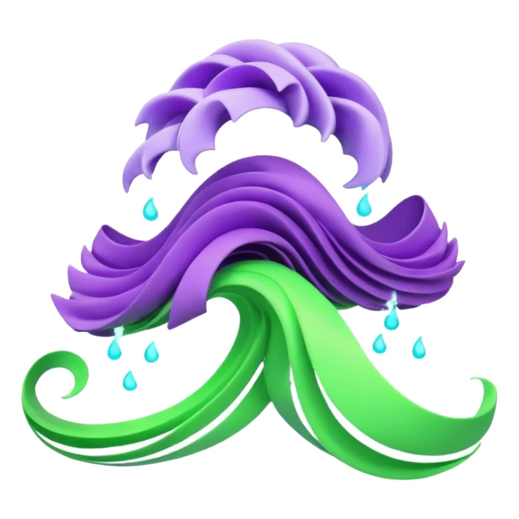 3D render of Tsunami, miniature weather phenomenon, volumetric particle effects, wavy glowing neon green and purple ribbons in the sky, elemental energy, emoji style, isolated on white background --v 6.0. sticker