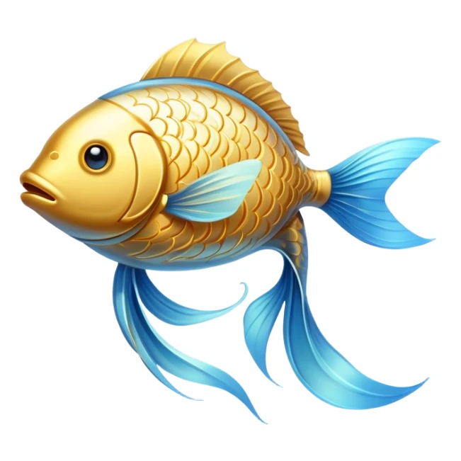 Luminous golden fish icon with flowing lines, stylized as an omega-3 symbol. The fish has a metallic gold appearance with gentle light emanating from within, creating a magical, ethereal quality against a subtle blue glow. sticker