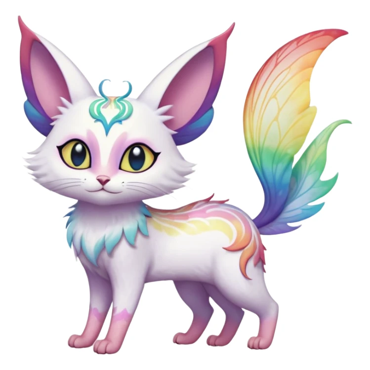 Jumping-Pure-snow-White albino iridescent with pastel rainbow-gradients-color-markings with swirly patterns butterflies  faerie-Noivern-Noibat-Purloin-Torracat-Lykoi-Caracal-cat-Fakemon-fusion-hybrid-creature- sticker