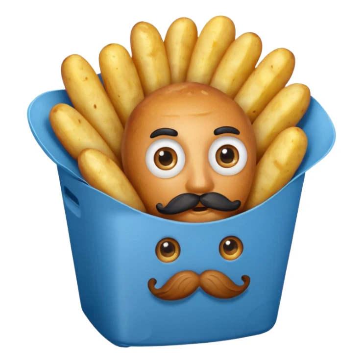 fried potatoes in a blue carton, carton has eyes and mustache sticker