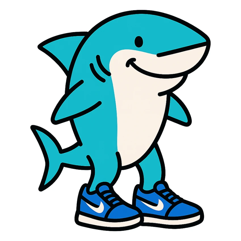 smiling shark standing upright on two legs wearing blue Nike sneakers outlined with vibrant colors sticker