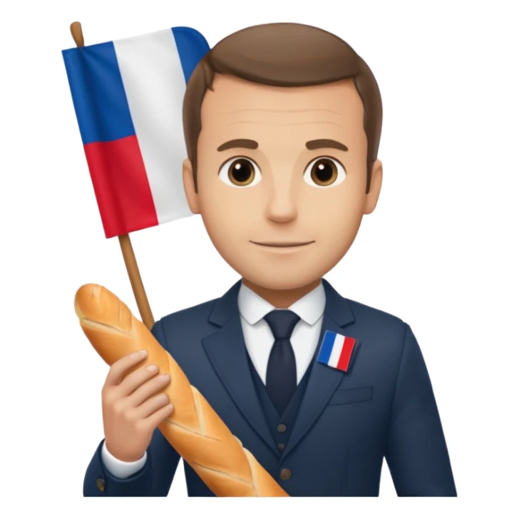 Macron avec une baguette et un drapeau français derrière lui sticker