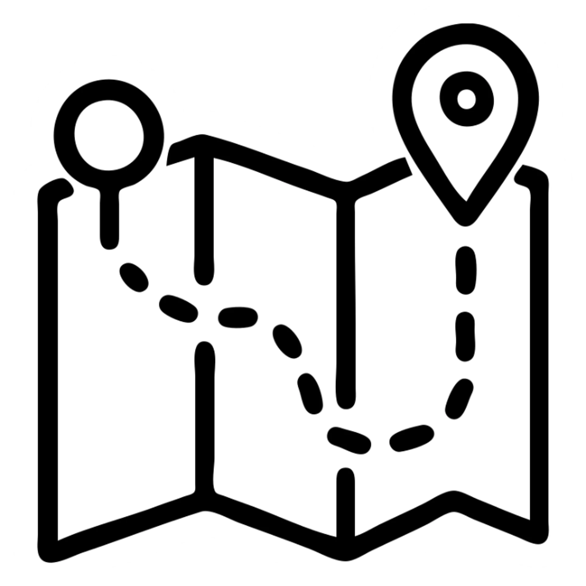 black outlined icon of a map with a route, representing travel sticker