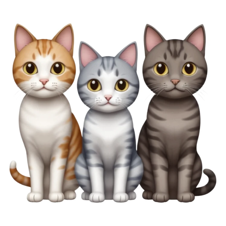 3 different coloured short haired cats including; a dark brown tabby and white cat, and a dark grey and white  sticker