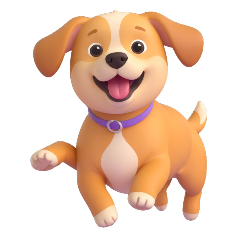 a very cute dog running, 3D emoji style, round features, joyful sticker