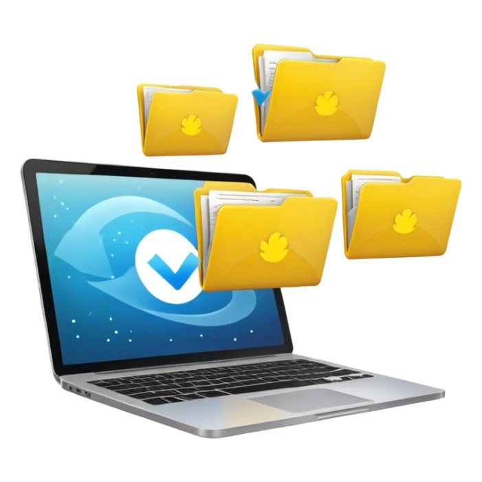 An open laptop with yellow folders containing data flying out. sticker