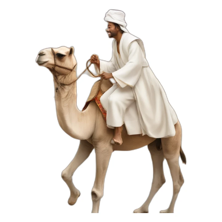 a man in white robes riding a camel in the desert sticker