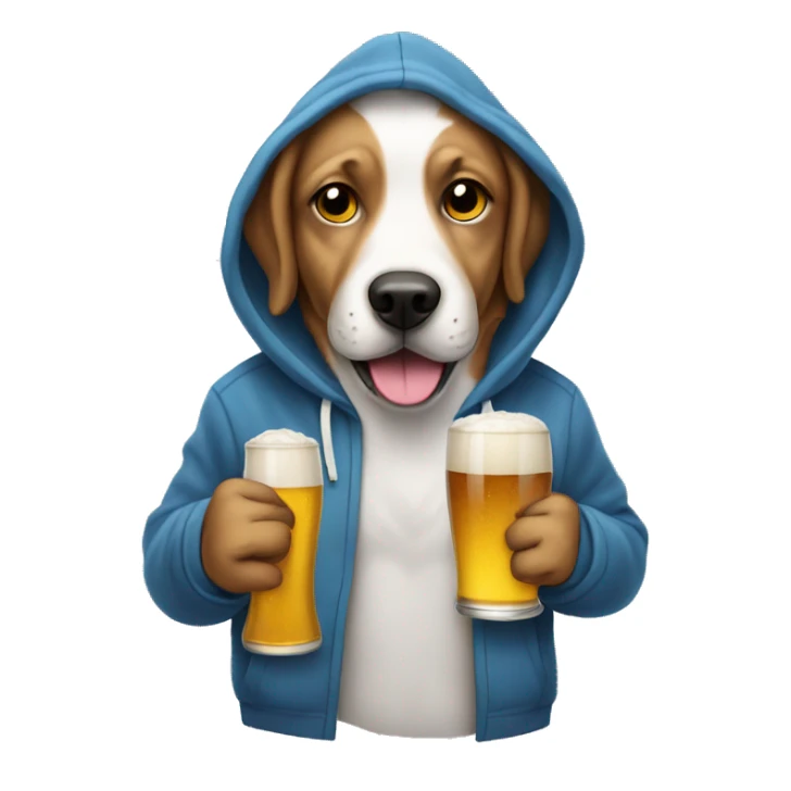 Dog wearing a hoddie with a beer sticker