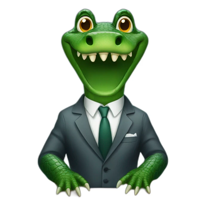 An alligator wearing a suit sitting on a table looking straight sticker