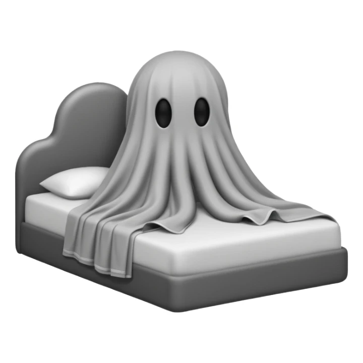 Minimalist emoji-style sticker of a bed with a covered figure and something strange peeking out from underneath. Grayscale only, simple icon.

 sticker