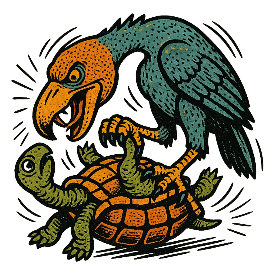 an insignia for a flag: a strange foreign alien bird creature, resembling a prehistoric phorusrhacos, gripping a upturned tortoise with a claw with its' beak tearing down into it
 sticker