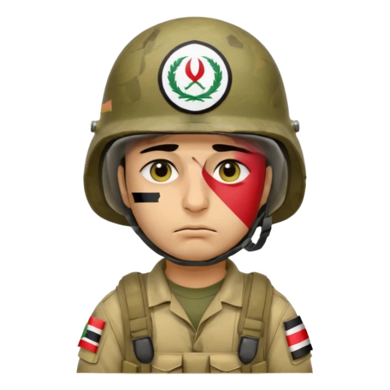 Tired Iraqi soldier wearing helmet with Iraqi flag, sad expression, half open eyes and bags under eyes, reflecting fatigue and pain sticker