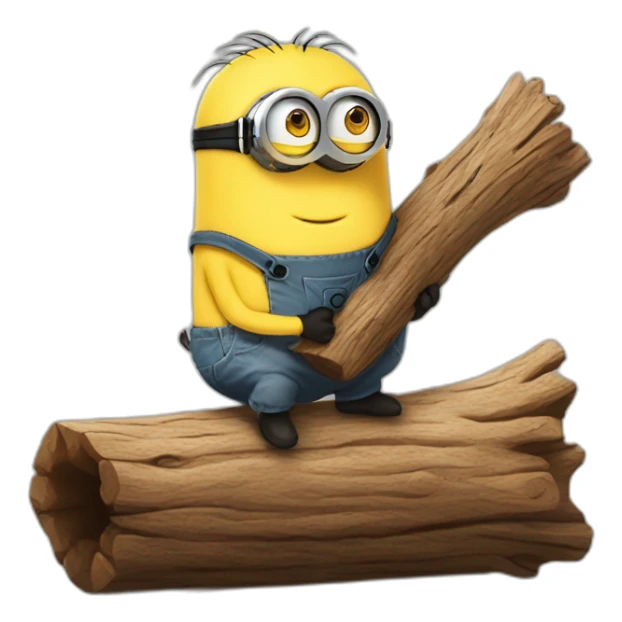 minion cutely hugs a log holding it in front of him sticker
