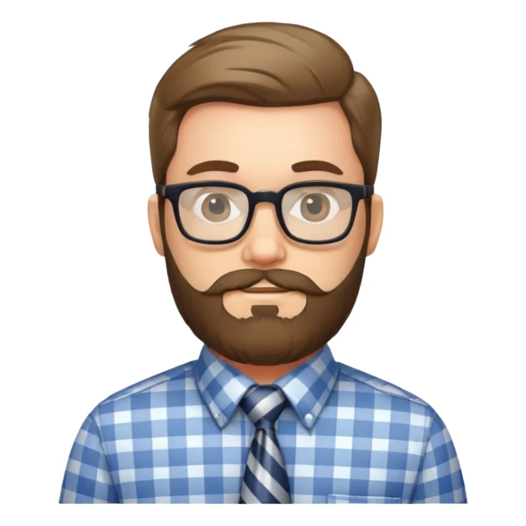 Bearded man with glasses wearing a plaid shirt with a striped tie sticker