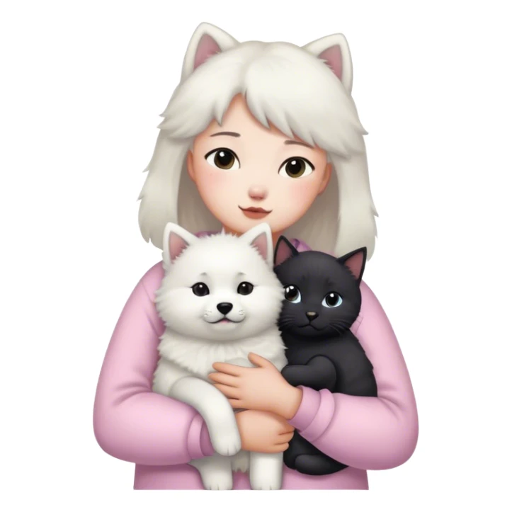 Samoyed and black British cat hug children in pastel clothes sticker
