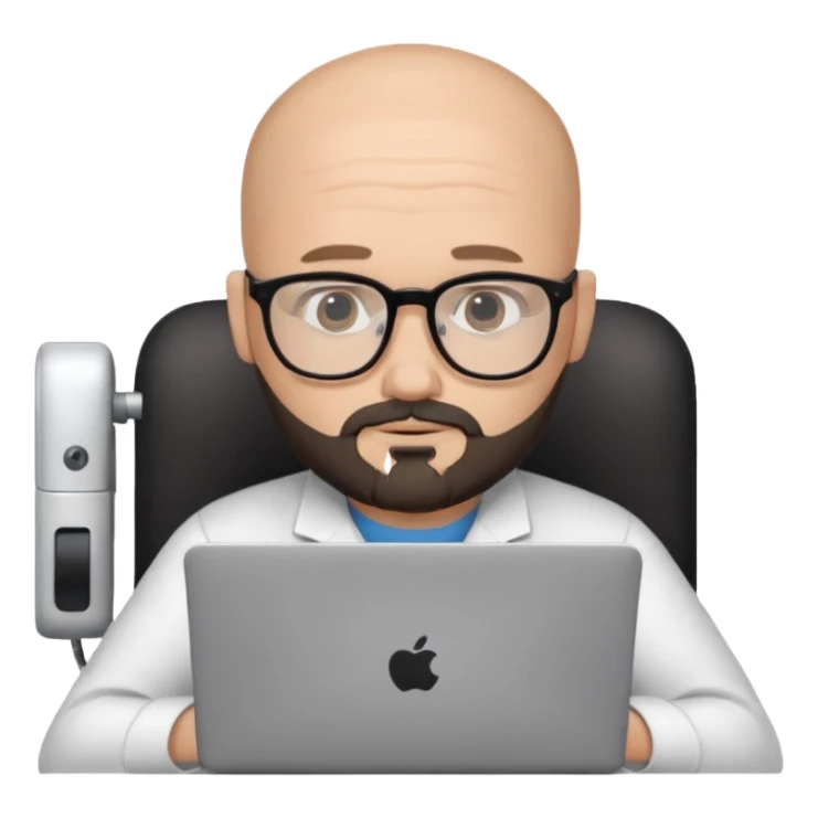 Bald white guy with black chin and jaw beard who works remotely with data sticker
