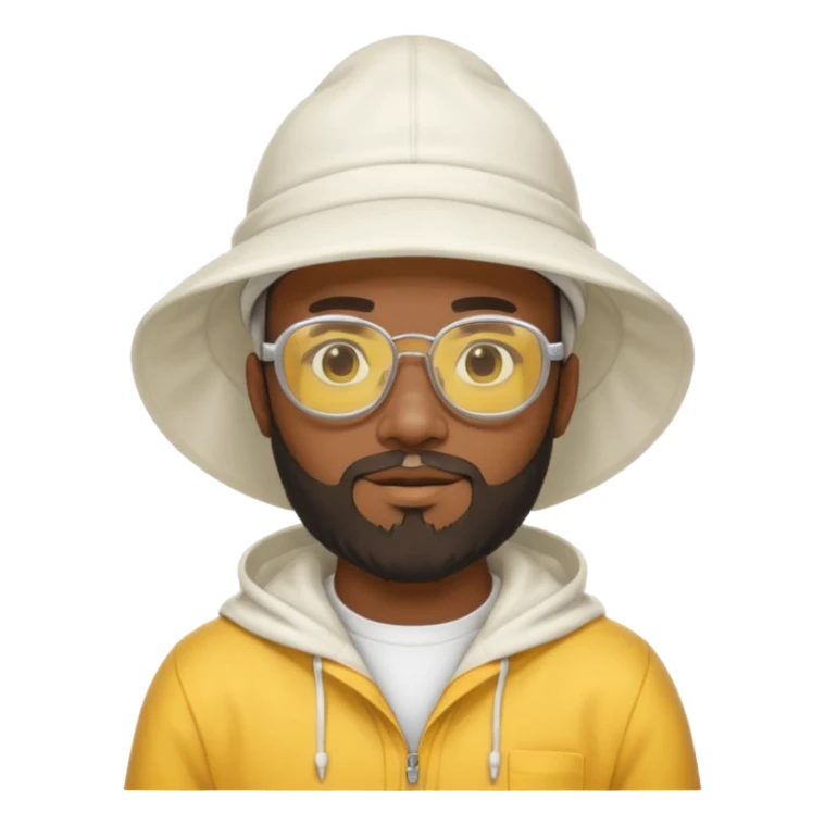black male bee keeper with beard, white hat and yellow glasses, white outfit, white hood sticker