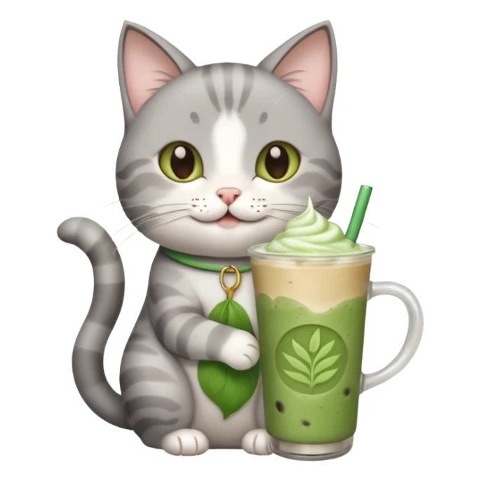 Happy gray Cat holding in its front two paws an iced matcha latte sticker