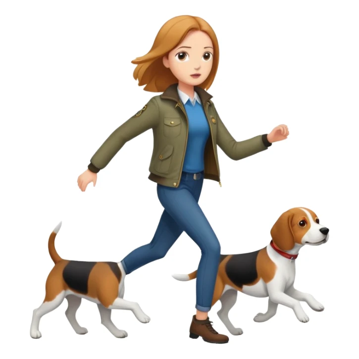 A beautiful tall girl with fair skin wearing a jacket chasing a beagle sticker