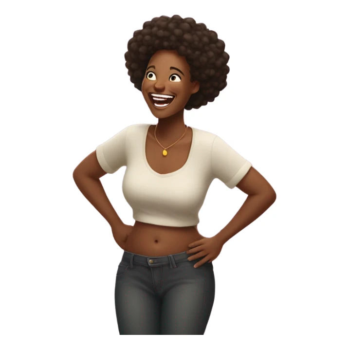 Joyful Black woman laughing heartily, holding belly with both hands. Bright and cheerful mood. Emphasize natural expressions and vibrant energy. sticker