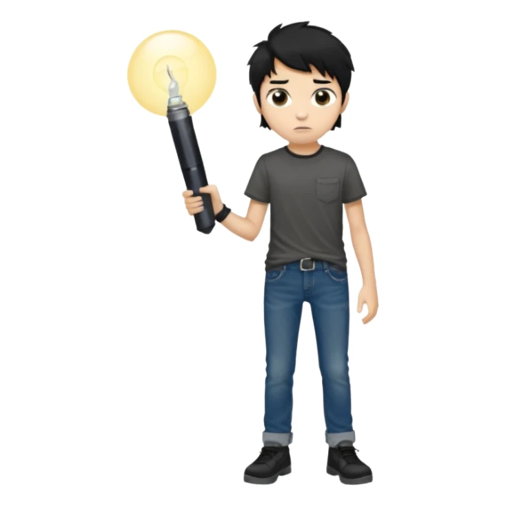  > 15-year-old boy, 165 cm tall, slim build, light tan skin, messy black hair, dark brown eyes with dark circles, wearing a dark t-shirt and faded jeans, holding a small flashlight, expression of curiosity mixed with fear, dim and foggy background, realistic style. sticker
