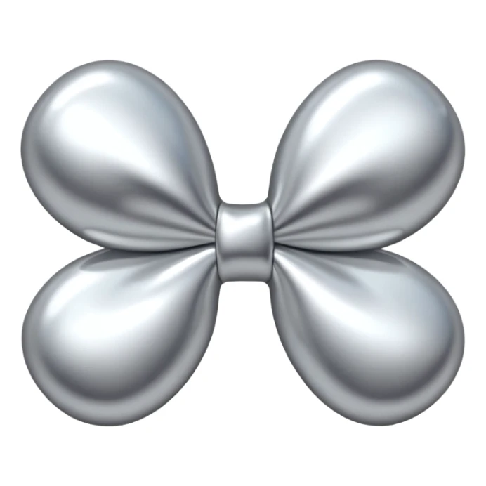 A cute bow emoji made of polished silver chrome, smooth rounded loops, glossy metallic surface, soft mirror reflections, subtle highlights, minimal and adorable proportions, iOS emoji style, centered composition, clean white background, soft studio lighting, no text, no outline, ultra high quality sticker