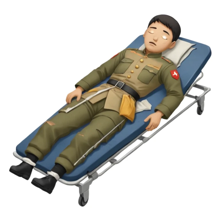 a man of oriental appearance, dressed in torn clothes, full length, with closed eyes, head lying on a stretcher, in a prone position, with injuries on a black military stretcher, 1980 sticker