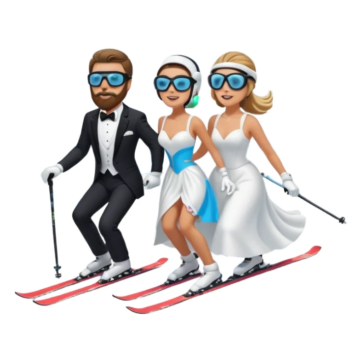 a couple skiing they both have ski helmets and goggles on , man with a beard in a tux and woman in a wedding dress on their skiis going down a slope.  sticker