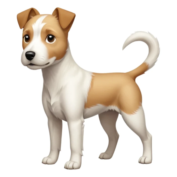 a full body facing front on of a buff white parson russell terrier looking dog the size of a kelpie with light brown long ears and a light brown patch on one eye and a large snout. the rest of the dog is completely white.  sticker