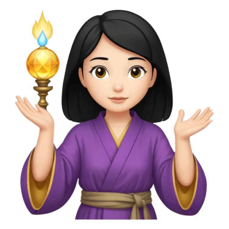 female wizard with black hair in a low bun with both hands palm up sticker