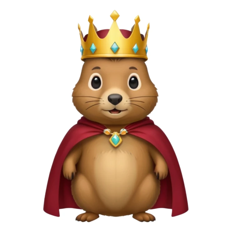 Groundhog wearing crown with a maroon cape with KPM in gold on the cape sticker