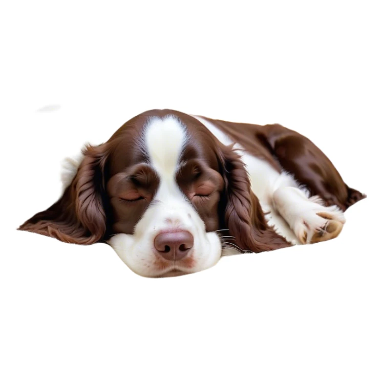 Meme-Worthy Cute Sleeping Springer Spaniel Portrait Emoji, Head resting peacefully with a contented smile, showcasing a delightfully agile build and a luxuriously soft liver and white Fur, eyes shut in a serene nap, Simplified yet hilariously adorable features, highly detailed, glowing with a soft, drowsy light, high shine, relaxed and utterly lovable, stylized with an air of playful laziness, bright and heartwarming, soft glowing outline, capturing the essence of a comically sleepy companion, so meme-worthy it feels like it could instantly become the next viral sensation of adorable slumber! sticker