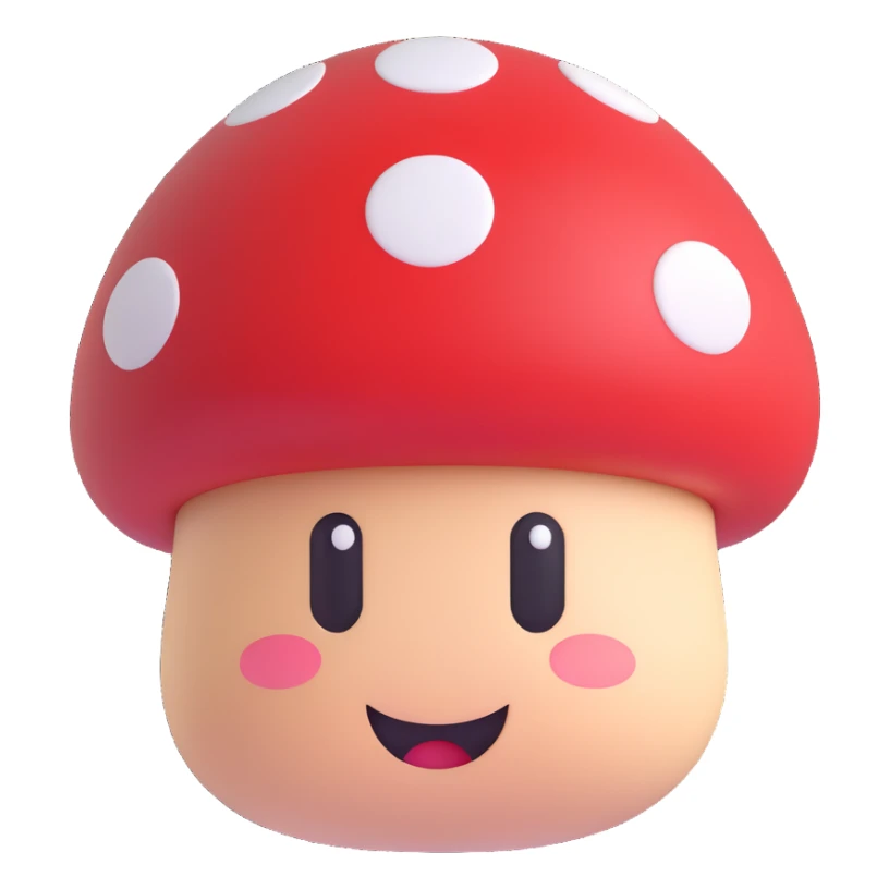 3D emoji style Mario Mushroom, rounded, shiny, red cap with white spots, cute face, soft shadows sticker